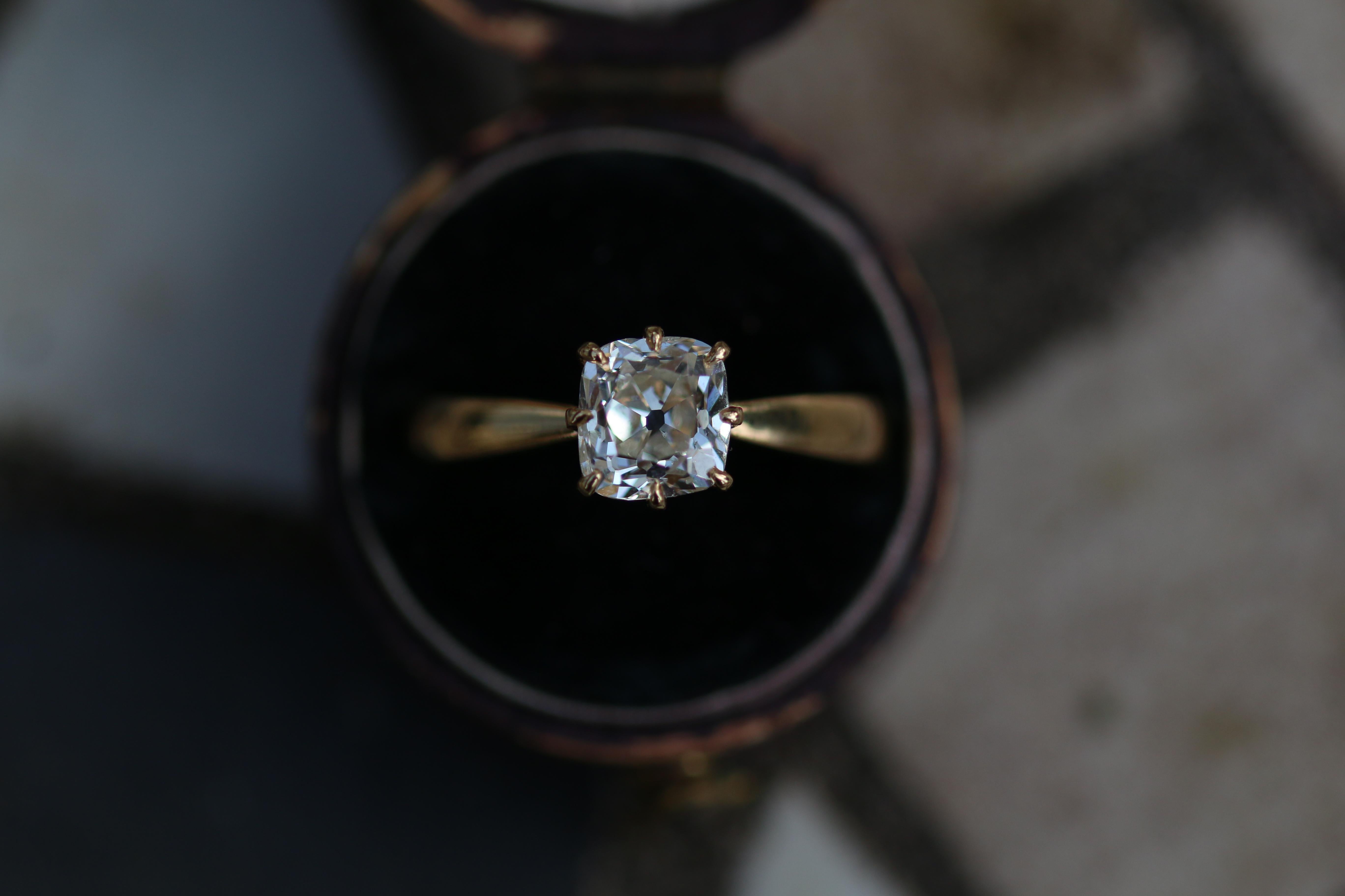 Antique Old Mine Cut Diamond on a Gold Solitaire Ring 1