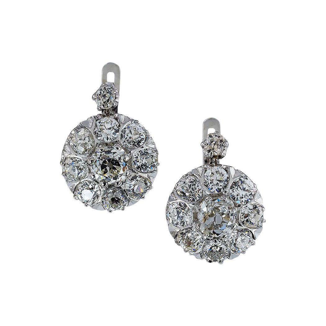 Antique Old Mine Cut Diamond Platinum Drop Earrings