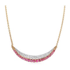 Antique Old Mine Cut Diamond & Ruby Crescent Moon Necklace