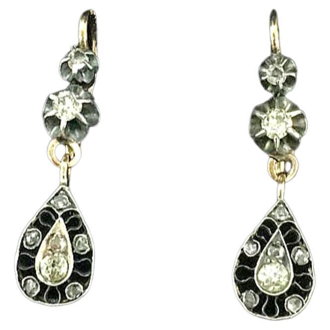 Women's Antique Old Mine Cut Diamond Russian Dangling Gold Earrings