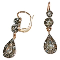 Antique Old Mine Cut Diamond Russian Dangling Gold Earrings