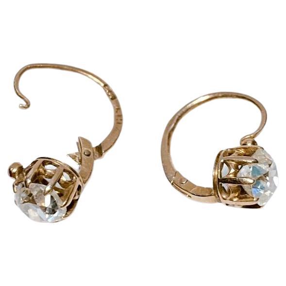 Pendientes Antiguos de Oro Ruso con Diamantes Tallados en Mina 1