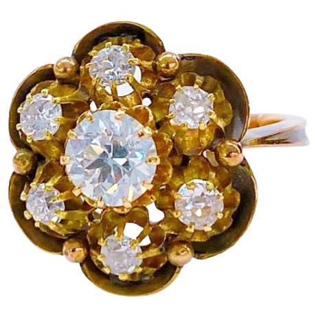 Antiguo Anillo de Oro Ruso con Diamantes Antiguos Tallados en Mina