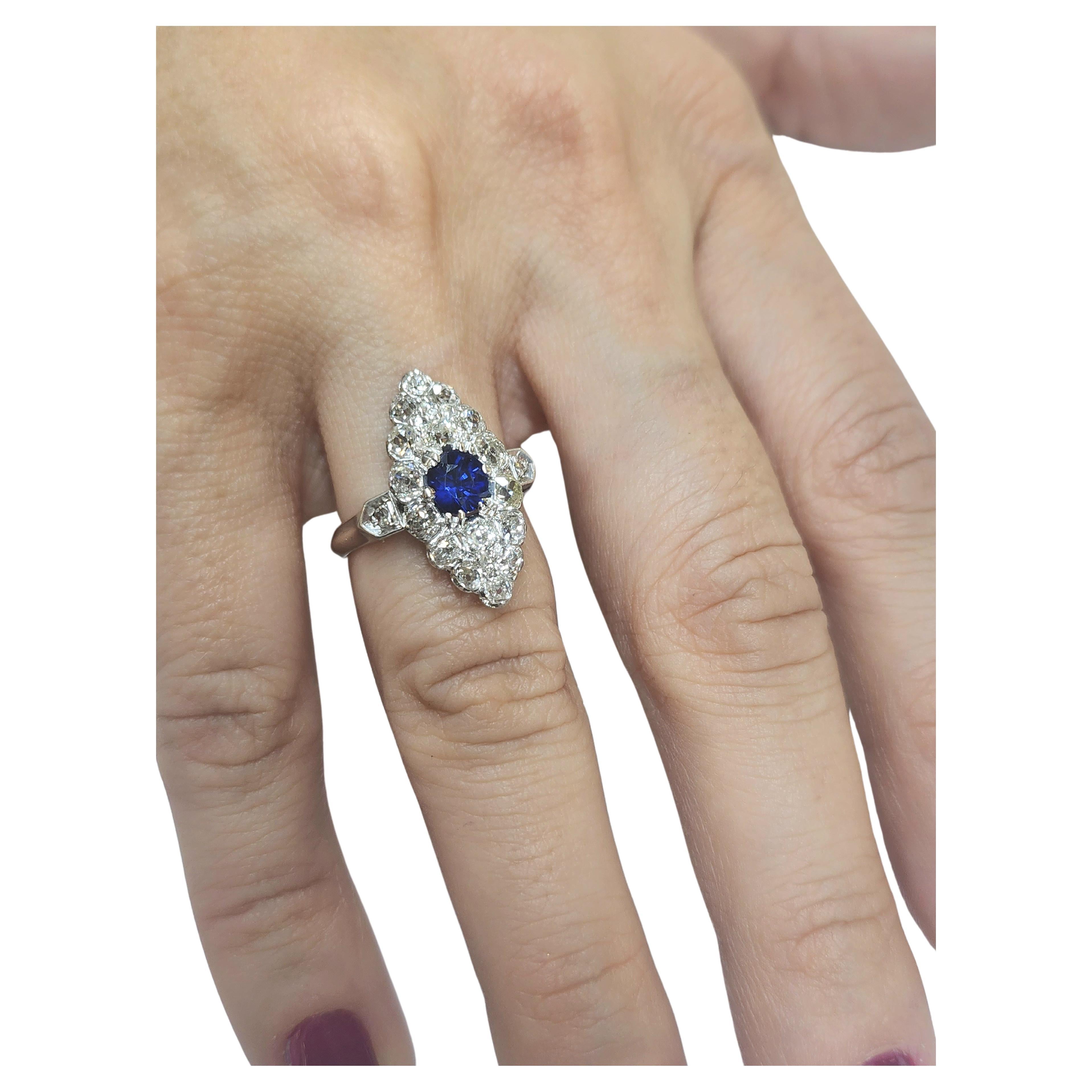 Women's Antique Old Mine Cut Diamond Sapphire Gold Ring  For Sale