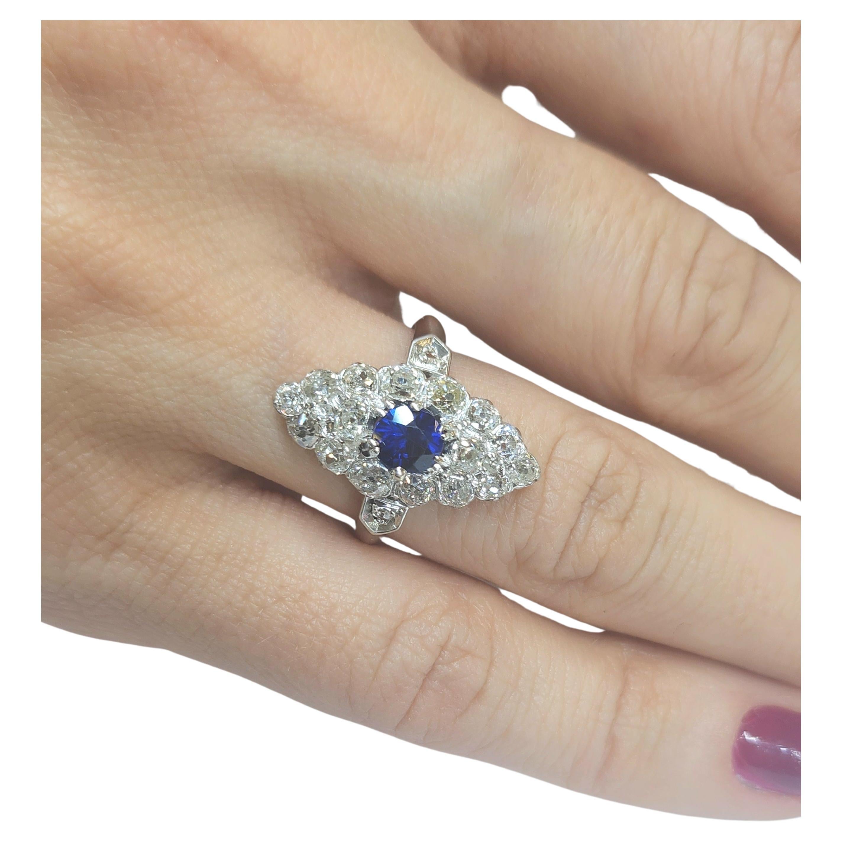 Antique Old Mine Cut Diamond Sapphire Gold Ring  For Sale 1