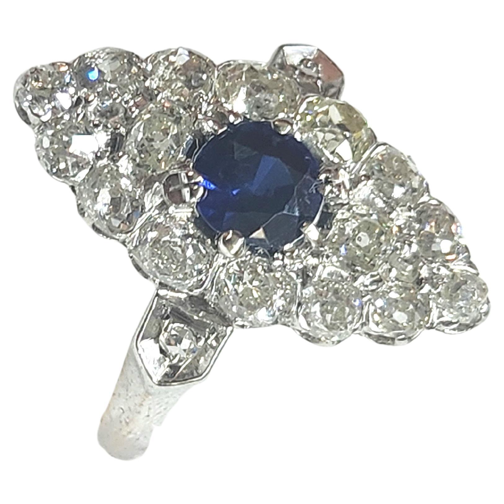 Antique Old Mine Cut Diamond Sapphire Gold Ring  For Sale