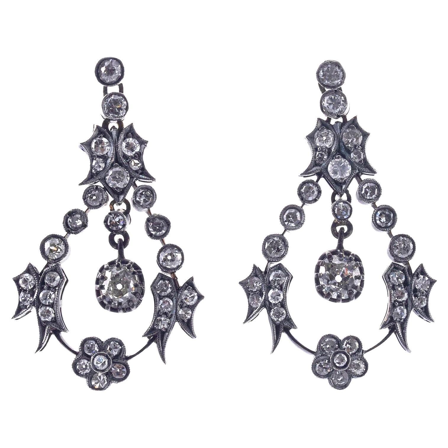 Antique Old Mine Cut Diamond Silver and Gold Drop Earrings For Sale