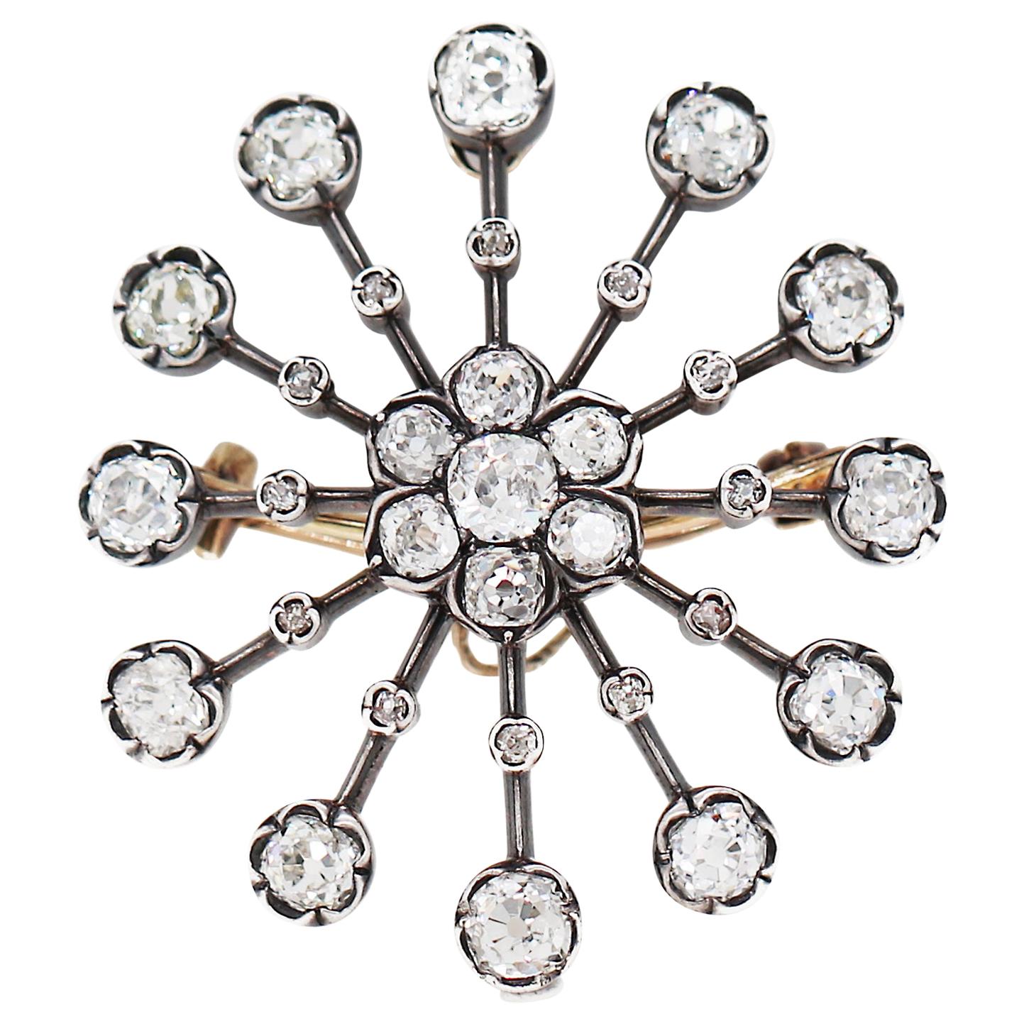 Antique Old Mine Cut Diamond Silver on Gold Brooch and Pendant, circa 1880