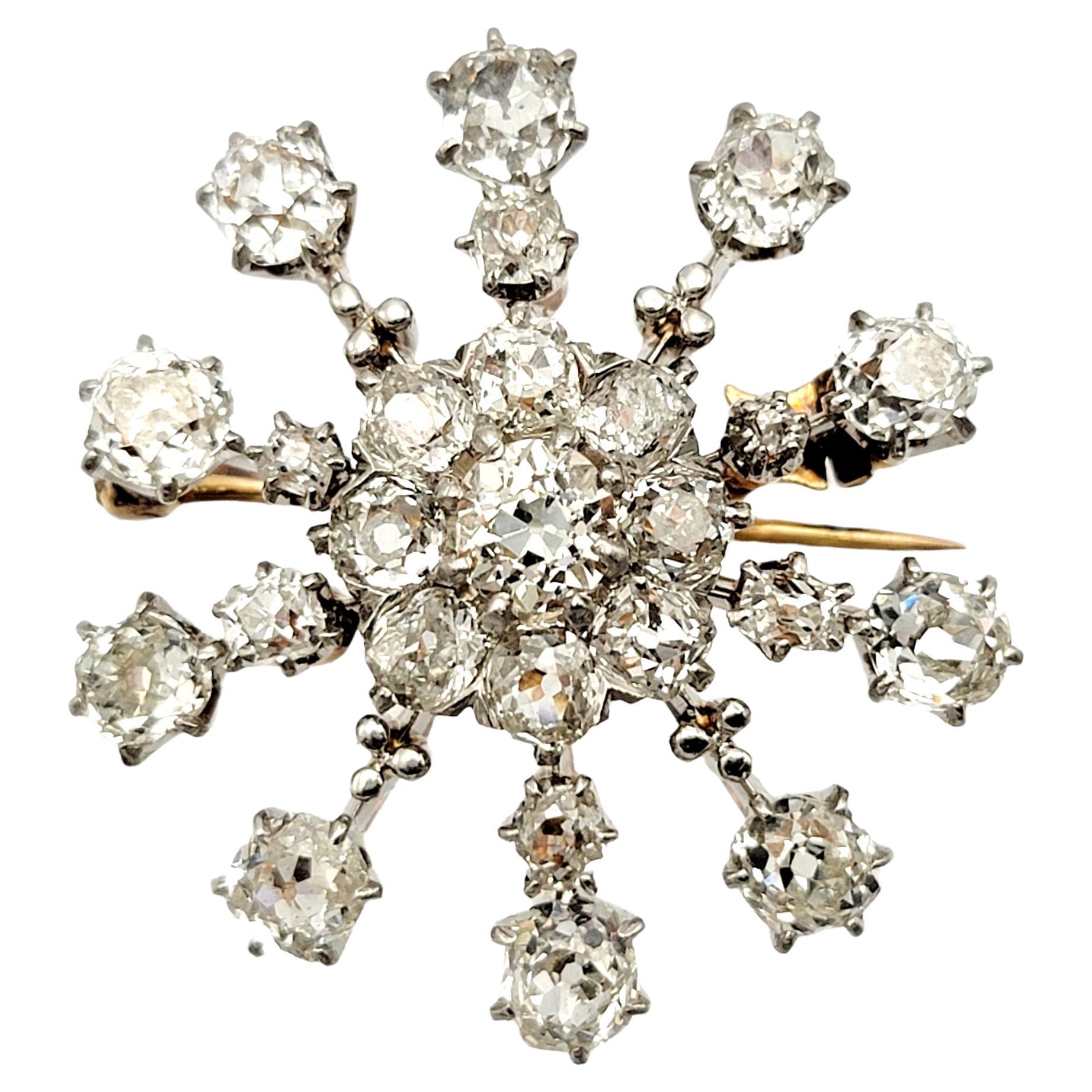 Antique Old Mine Cut Diamond Snowflake Brooch / Pendant Platinum and Yellow Gold