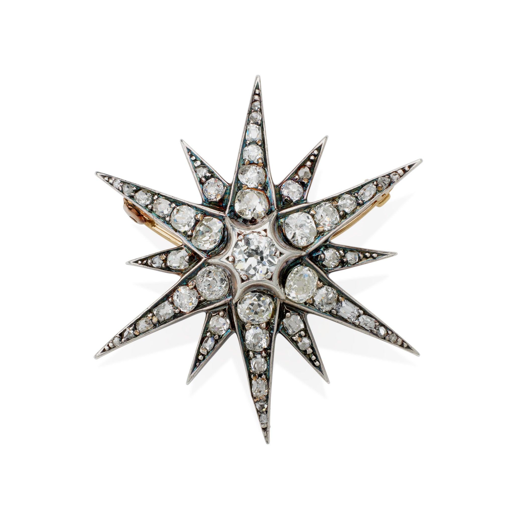 Victorian Antique Old Mine-cut Diamond Star Brooch For Sale