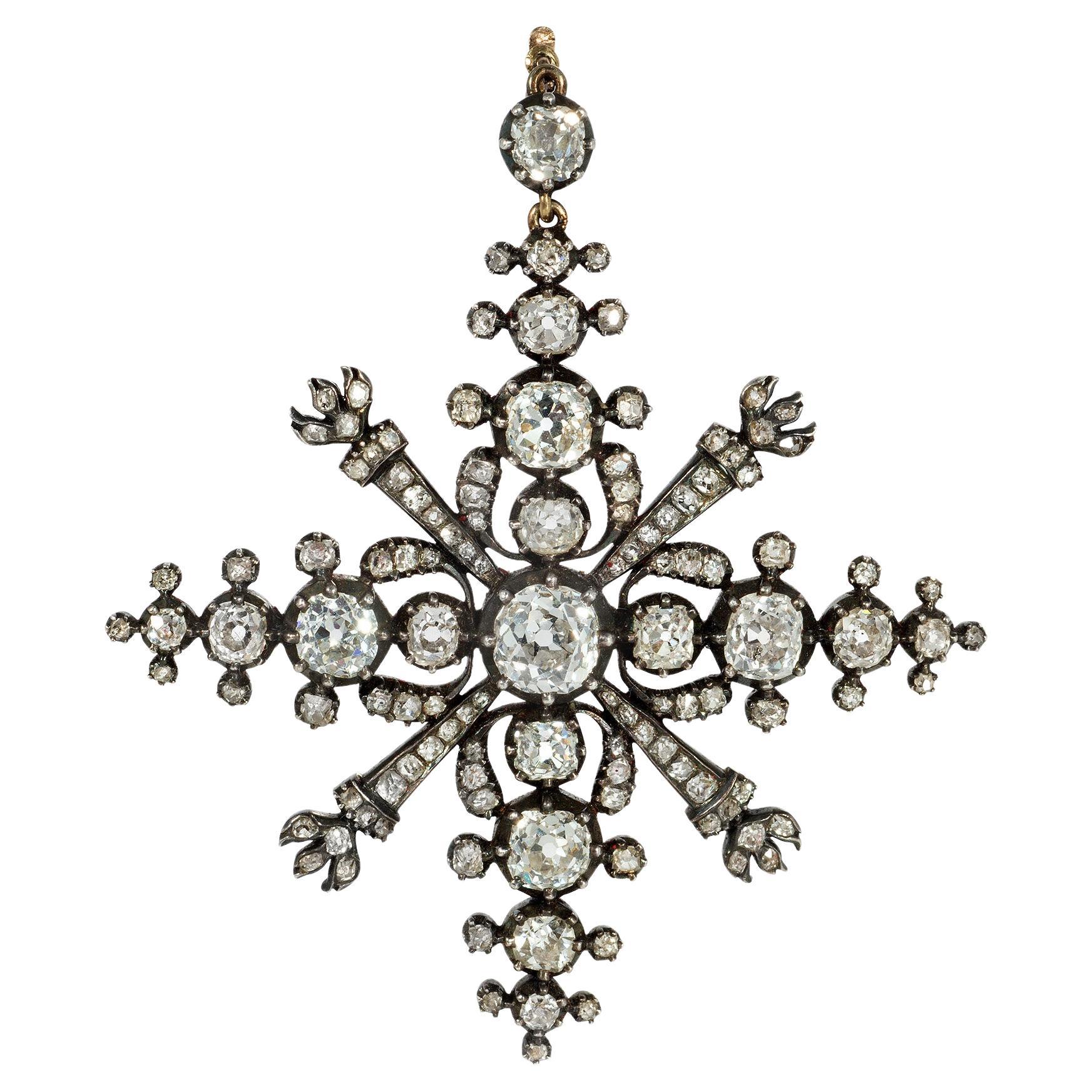 Antique Old Mine Cut Diamond Starburst Pendant in Silver-Topped Gold For Sale