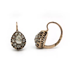 Antique Old Mine–Cut Diamond Teardrop Cluster Earrings in 18K Yellow Gold