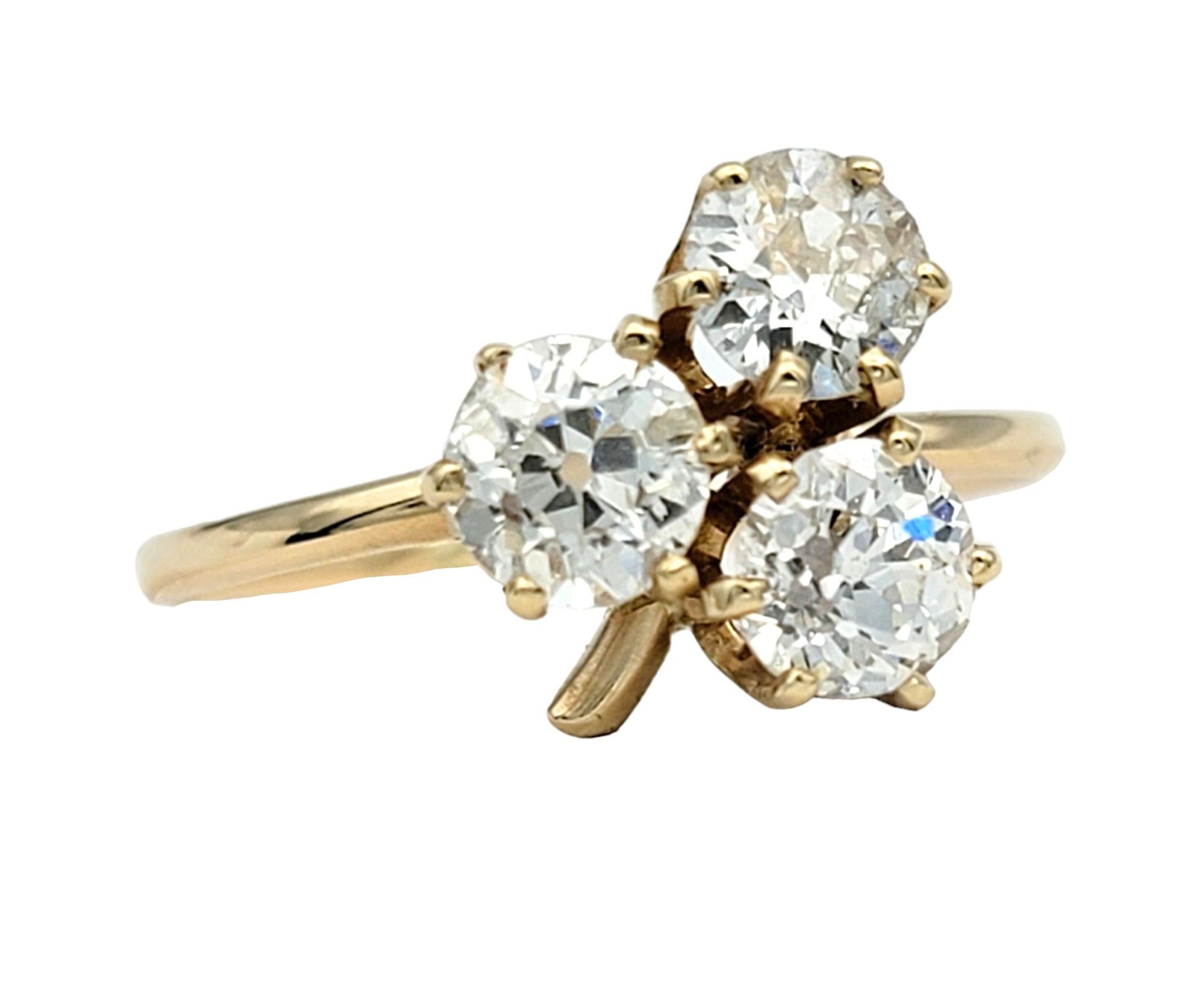 Contemporary Antique Old Mine Cut Diamond Trio Clover Motif Ring in 14 Karat Yellow Gold For Sale