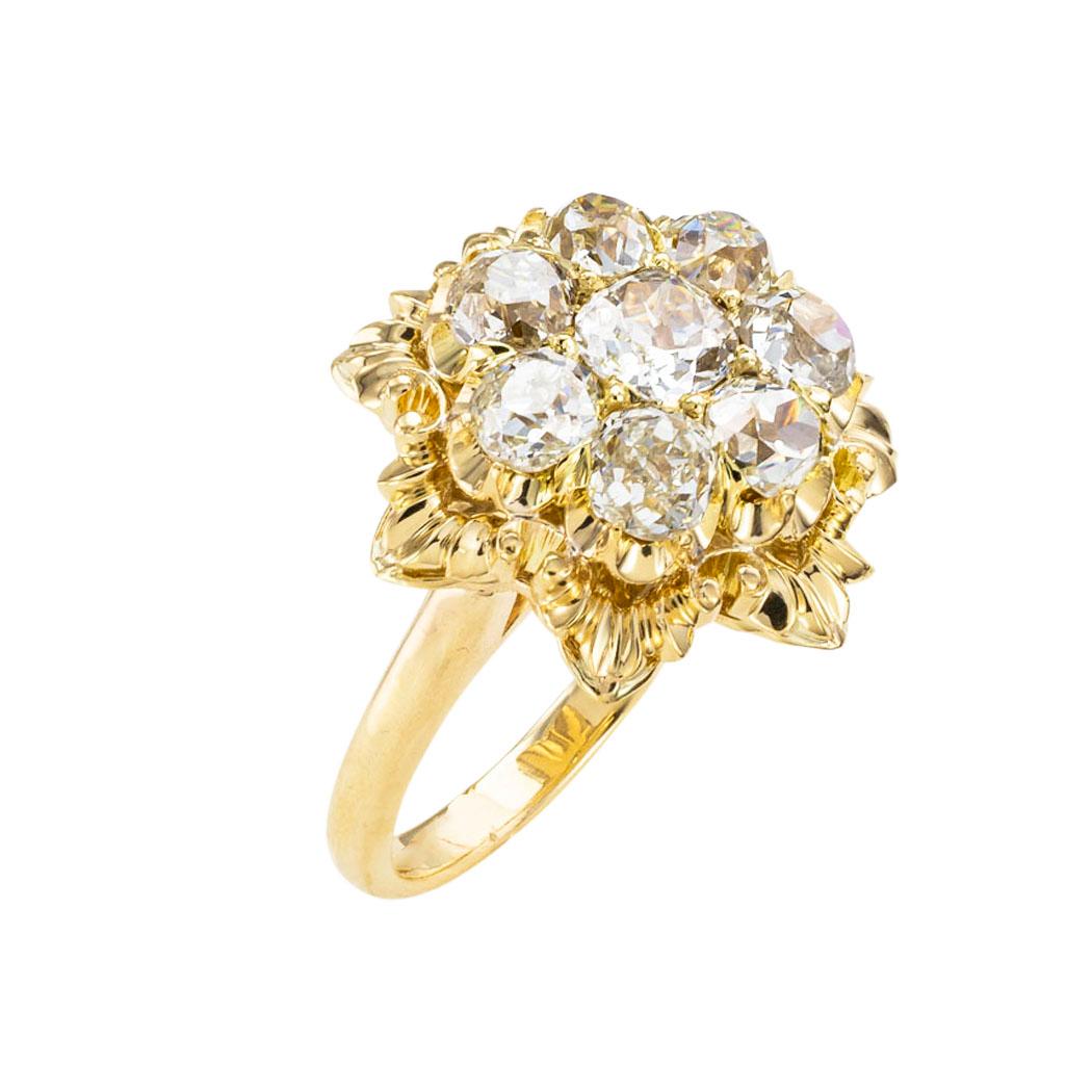 Antique old mine-cut diamond and yellow gold cluster ring circa 1900.  Clear and concise information you want to know is listed below.  Contact us right away if you have additional questions.  We are here to connect you with beautiful and affordable