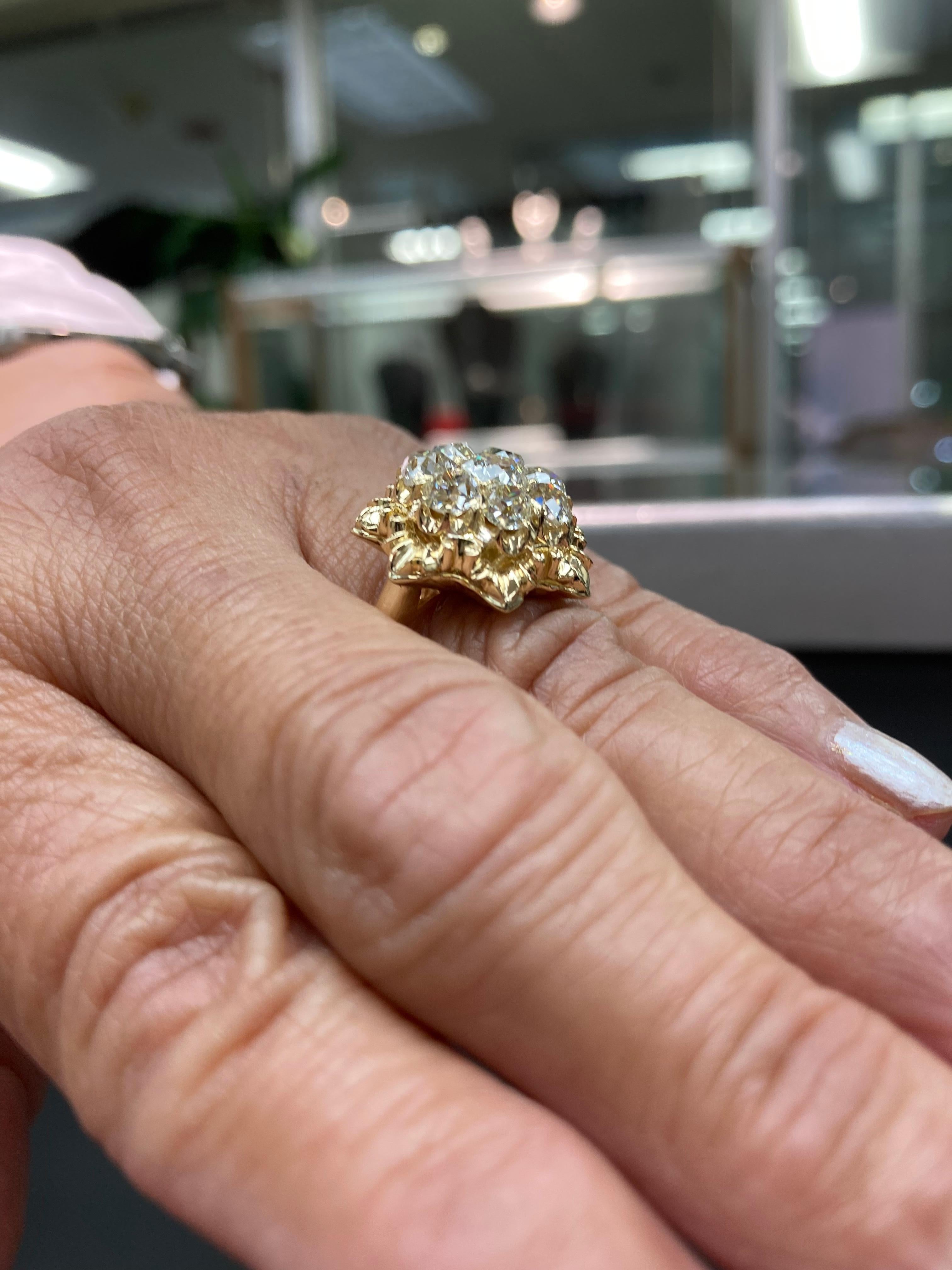 Women's Antique Old Mine Cut Diamond Yellow Gold Cluster Ring