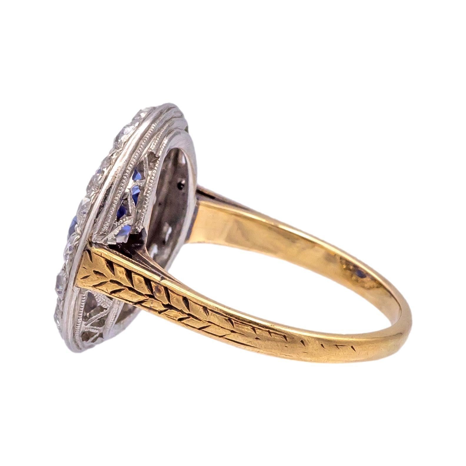 Antiker Ring aus Platin + 14K Gelbgold mit Diamanten und Saphiren im alten Minenschliff ca. 1900er Jahre im Zustand „Gut“ im Angebot in New York, NY