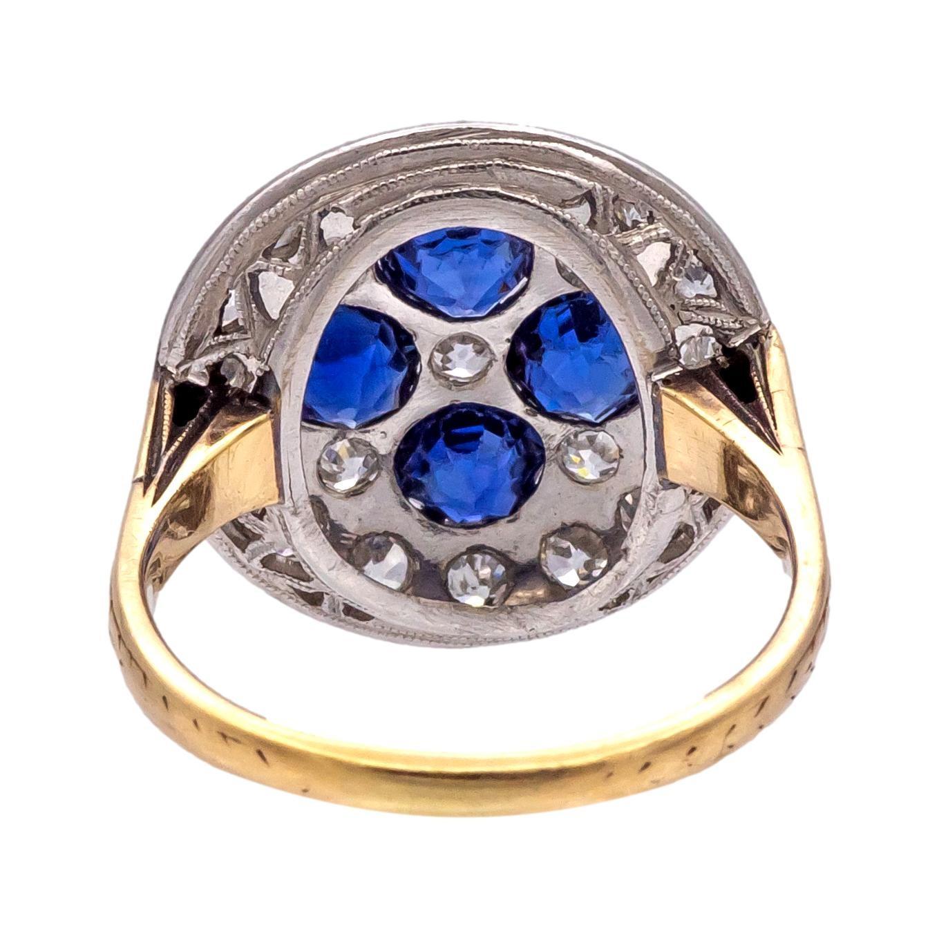 Antiker Ring aus Platin + 14K Gelbgold mit Diamanten und Saphiren im alten Minenschliff ca. 1900er Jahre Damen im Angebot