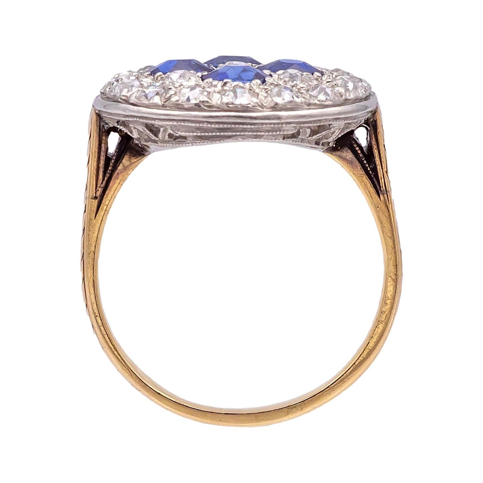 Antiker Ring aus Platin + 14K Gelbgold mit Diamanten und Saphiren im alten Minenschliff ca. 1900er Jahre im Angebot 1