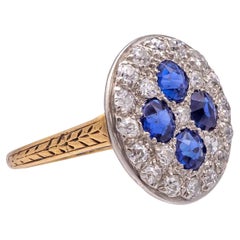 Antique Old Mine Diamond and Sapphire Platinum + 14K Yellow Gold Ring ca. 1900's