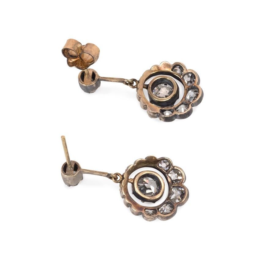 Victorian Antique Old Mine Diamond Earrings with Articulated Drops in Scalloped Surrounds