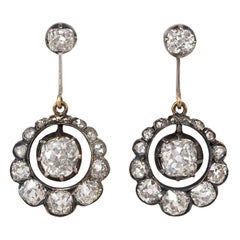 Antique Old Mine Diamond Earrings with Articulated Drops in Scalloped Surrounds