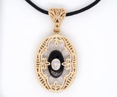 Antique Old Mine Diamond & Onyx 14K Two Tone Gold Filigree Pendant Necklace 21"