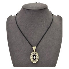 Antique Old Mine Diamond & Onyx 14K Two Tone Gold Filigree Pendant Necklace 21"