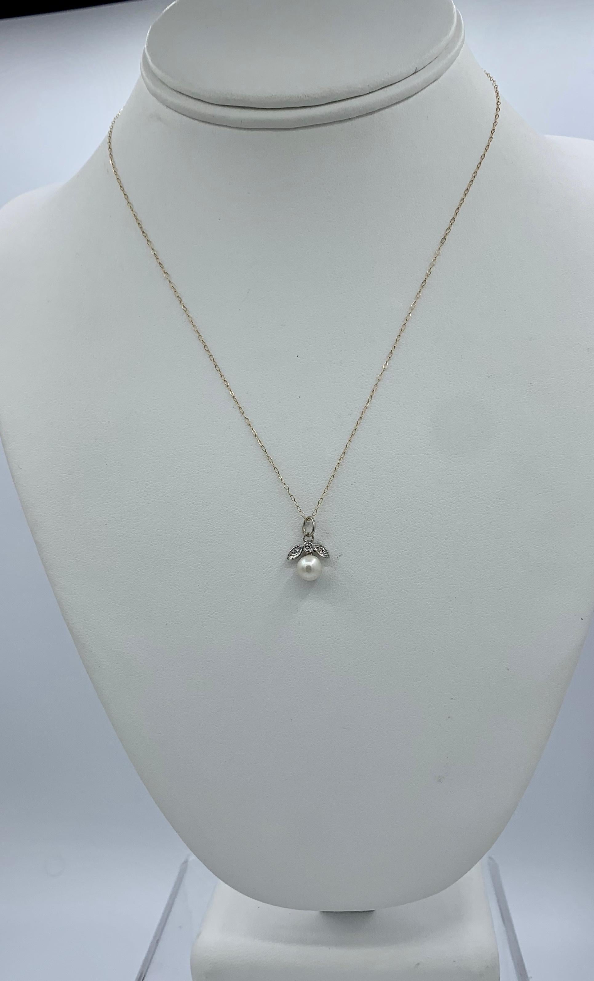 Old Mine Cut Antique Old Mine Diamond Pearl Pendant Charm Necklace Art Deco White Gold Peach