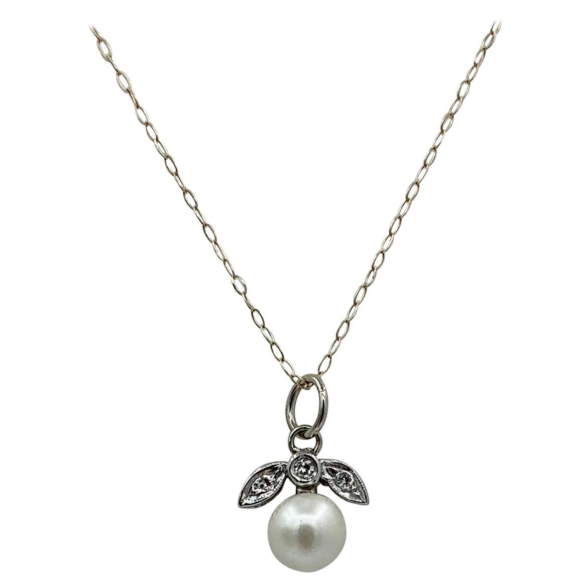 Antique Old Mine Diamond Pearl Pendant Charm Necklace Art Deco White Gold Peach