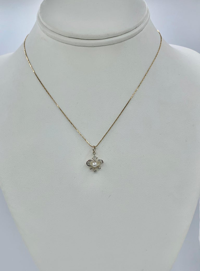 Old Mine Cut Antique Old Mine Diamond Platinum Pearl Pendant Charm Necklace Edwardian For Sale