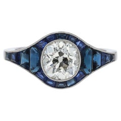 Antique Old Mine Diamond & Sapphire Art Deco Style Engagement Ring