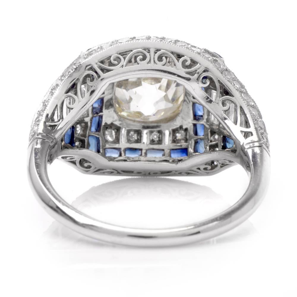 Art Deco Antique Old Mine Diamond Sapphire Engagement Platinum Ring