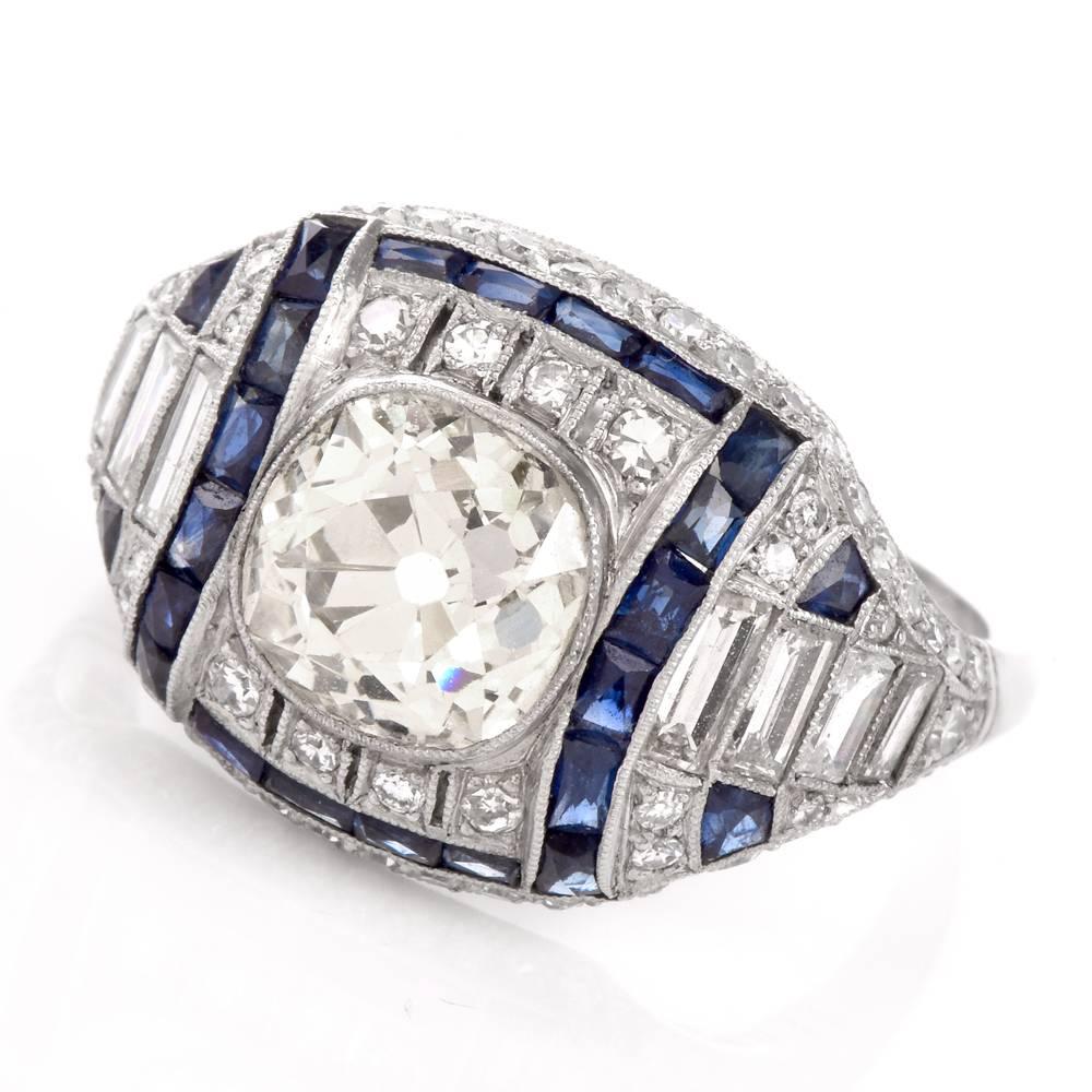 Antique Old Mine Diamond Sapphire Engagement Platinum Ring In Excellent Condition In Miami, FL