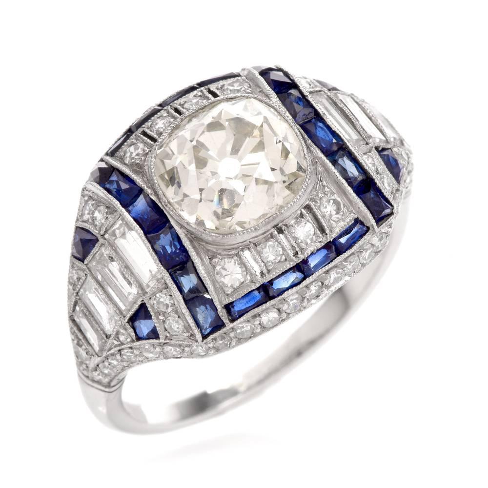 Women's Antique Old Mine Diamond Sapphire Engagement Platinum Ring