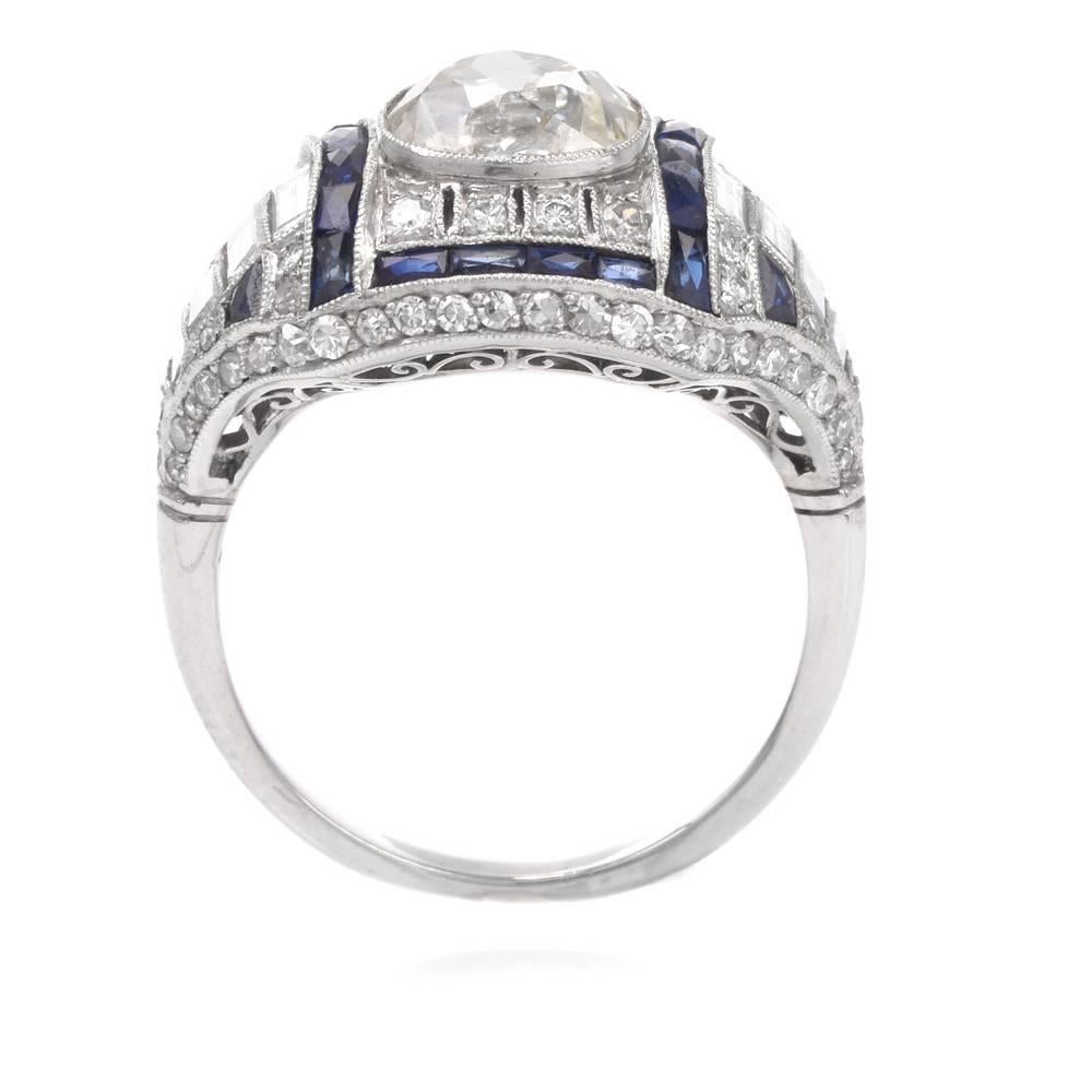Antique Old Mine Diamond Sapphire Engagement Platinum Ring 1