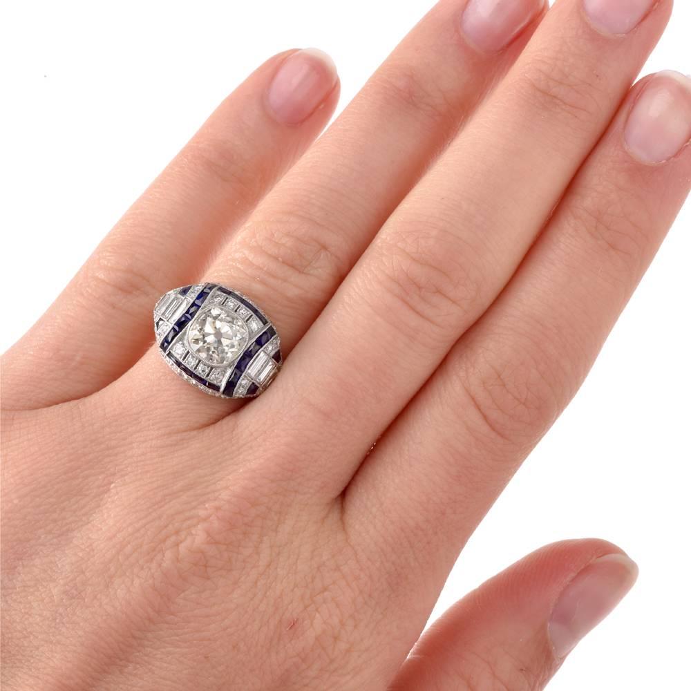 Antique Old Mine Diamond Sapphire Engagement Platinum Ring 2