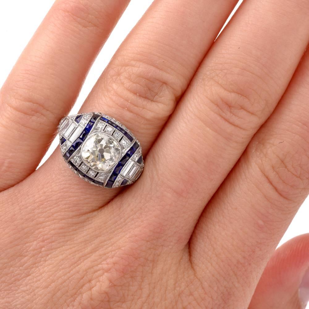 Antique Old Mine Diamond Sapphire Engagement Platinum Ring 3