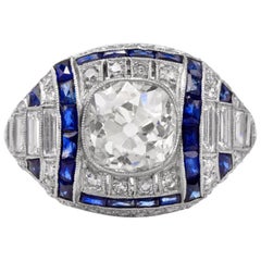 Antique Old Mine Diamond Sapphire Engagement Platinum Ring
