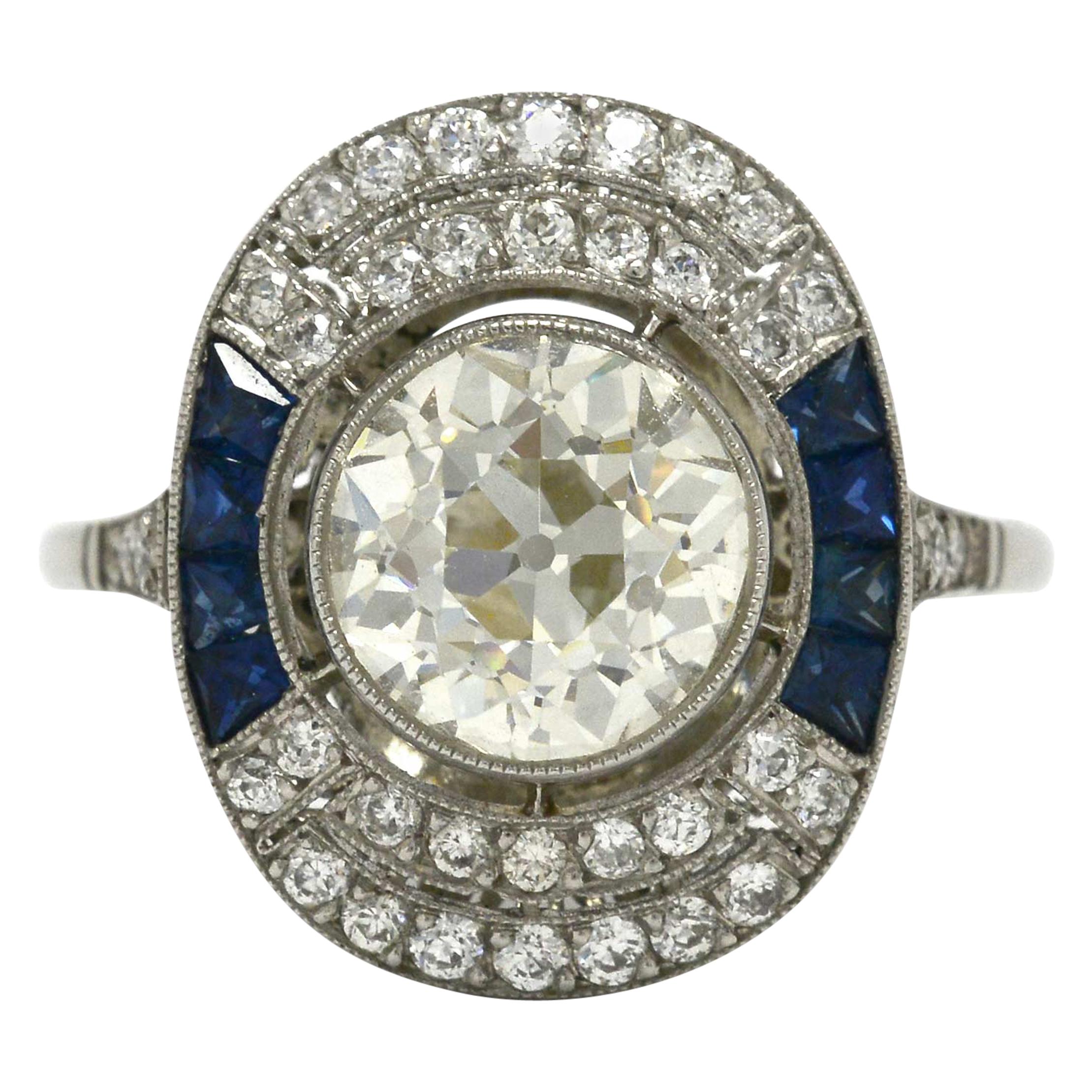 Antique Old Mine Diamond Sapphire Engagement Ring Art Deco Style Near 3 Carat