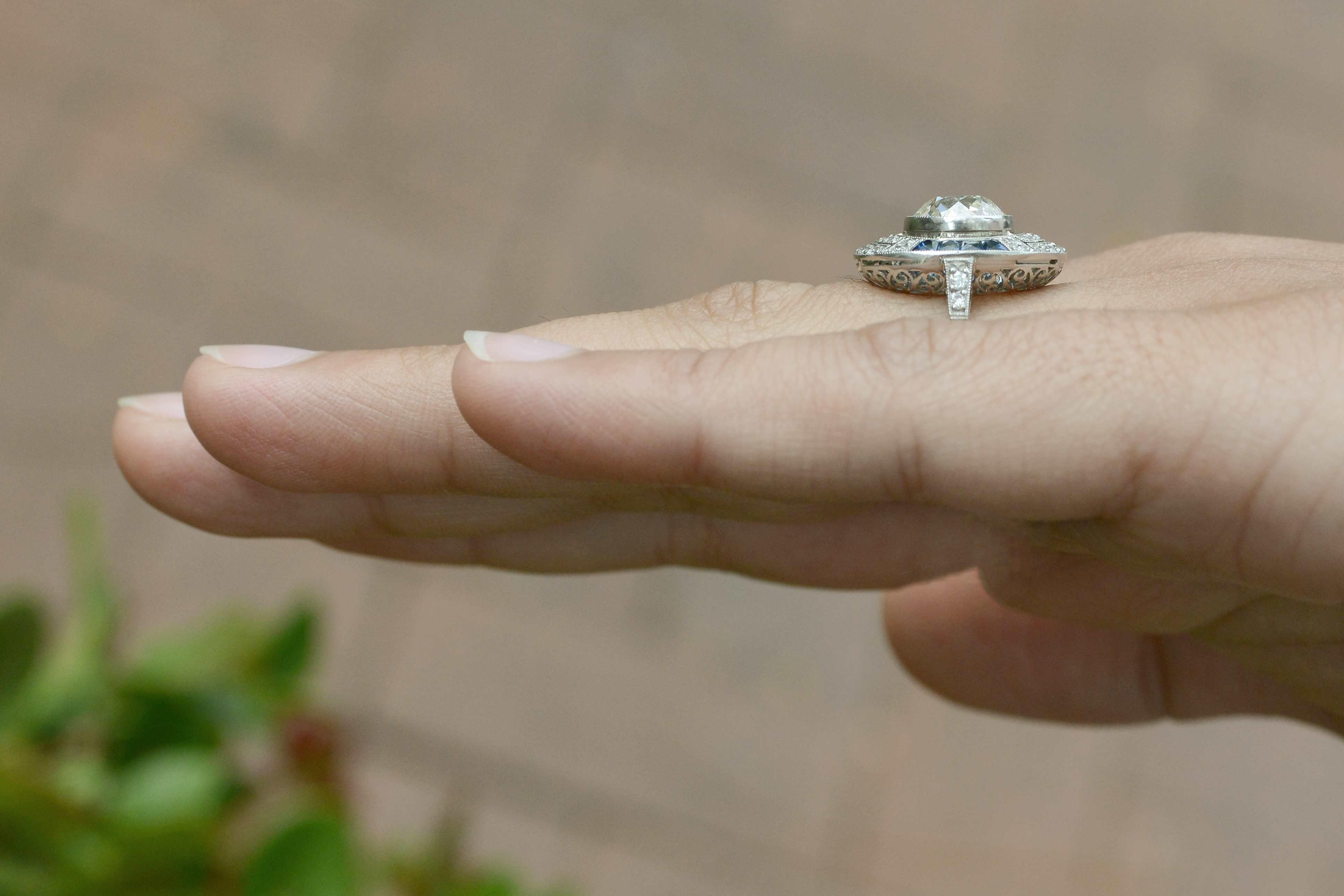 Old Mine Cut Antique Old Mine Diamond Sapphire Engagement Ring Art Deco Style Near 3 Carat