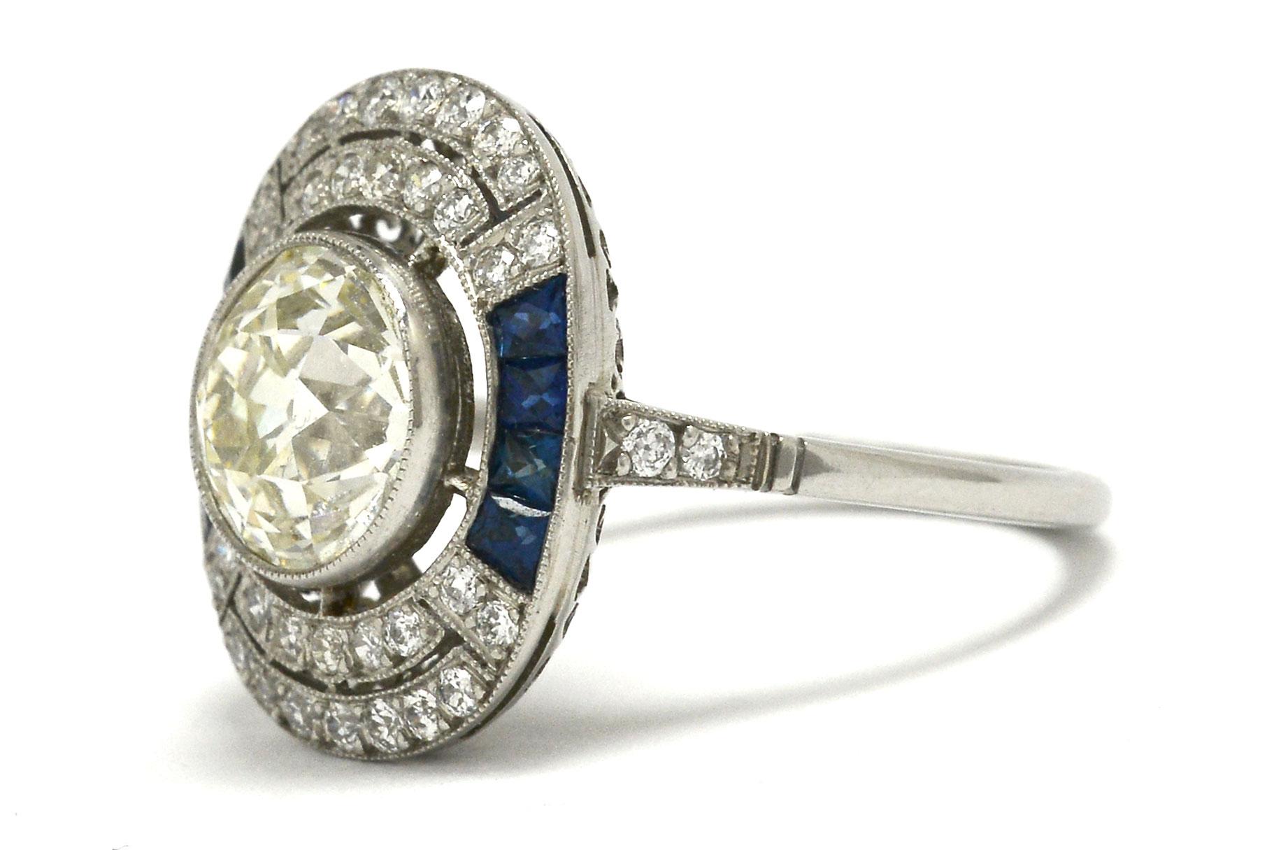 Antique Old Mine Diamond Sapphire Engagement Ring Art Deco Style Near 3 Carat In Excellent Condition In Santa Barbara, CA