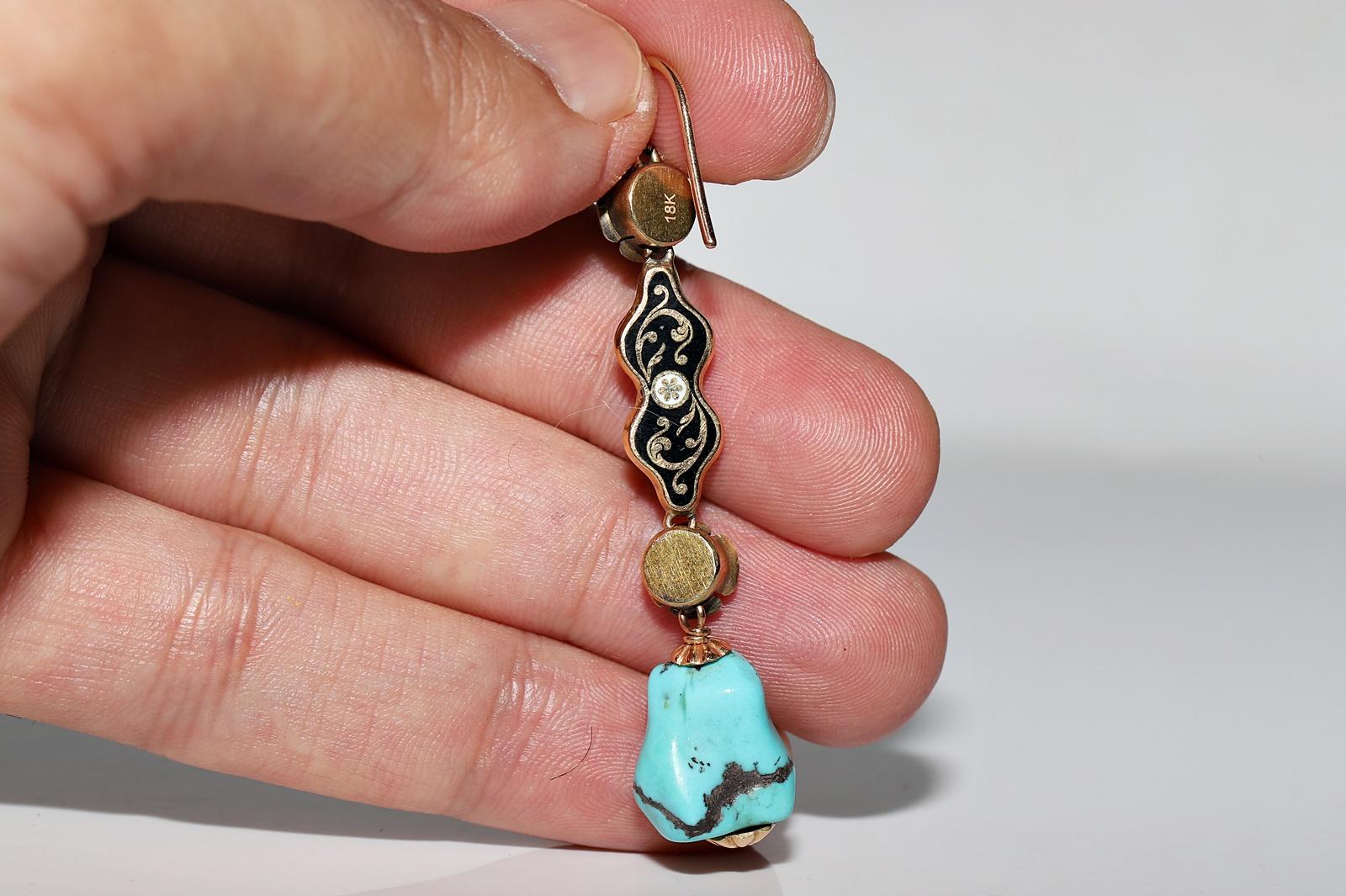 Boucle d'oreille ancienne en or 18k avec diamant naturel, turquoise et émail en vente 5