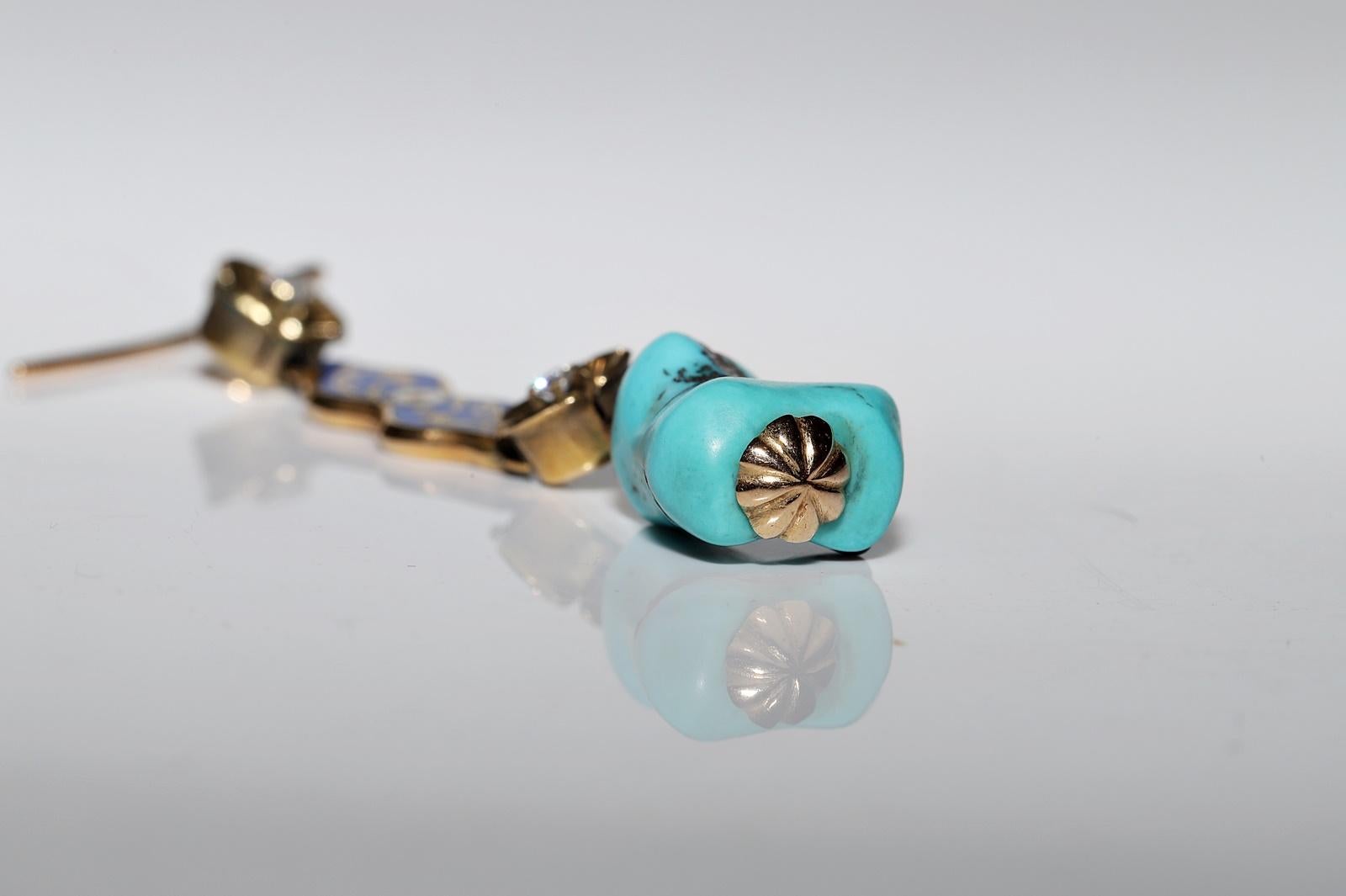 Boucle d'oreille ancienne en or 18k avec diamant naturel, turquoise et émail en vente 6