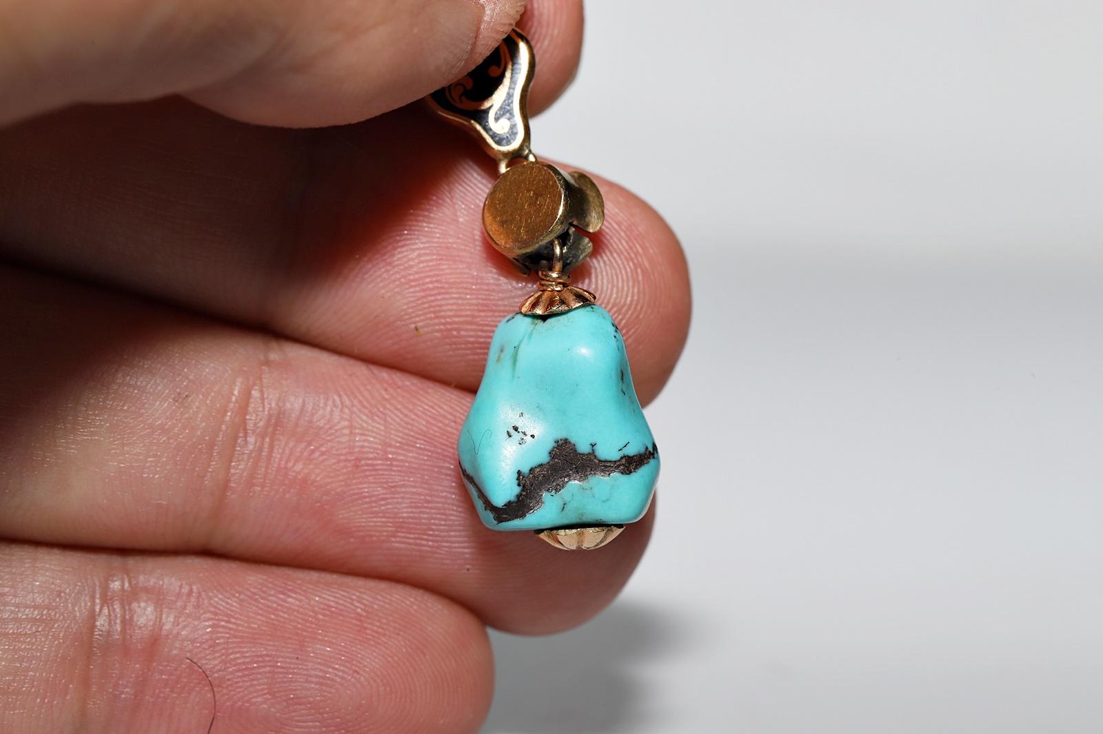 Boucle d'oreille ancienne en or 18k avec diamant naturel, turquoise et émail en vente 7