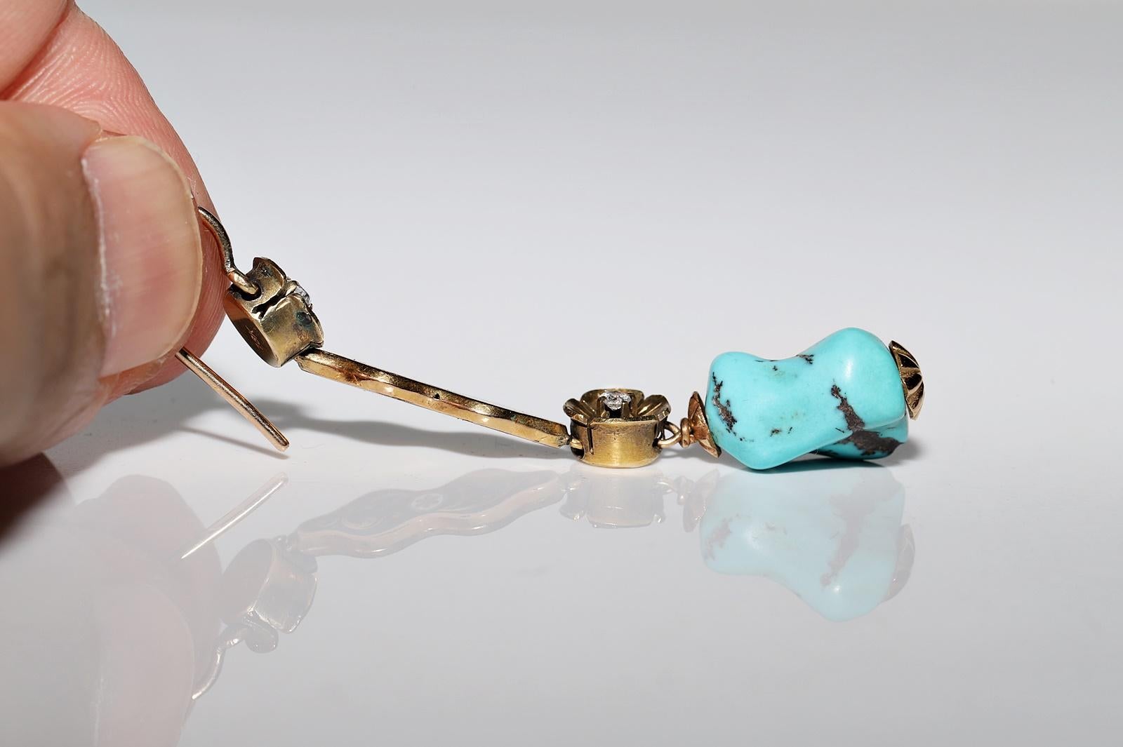 Boucle d'oreille ancienne en or 18k avec diamant naturel, turquoise et émail en vente 8