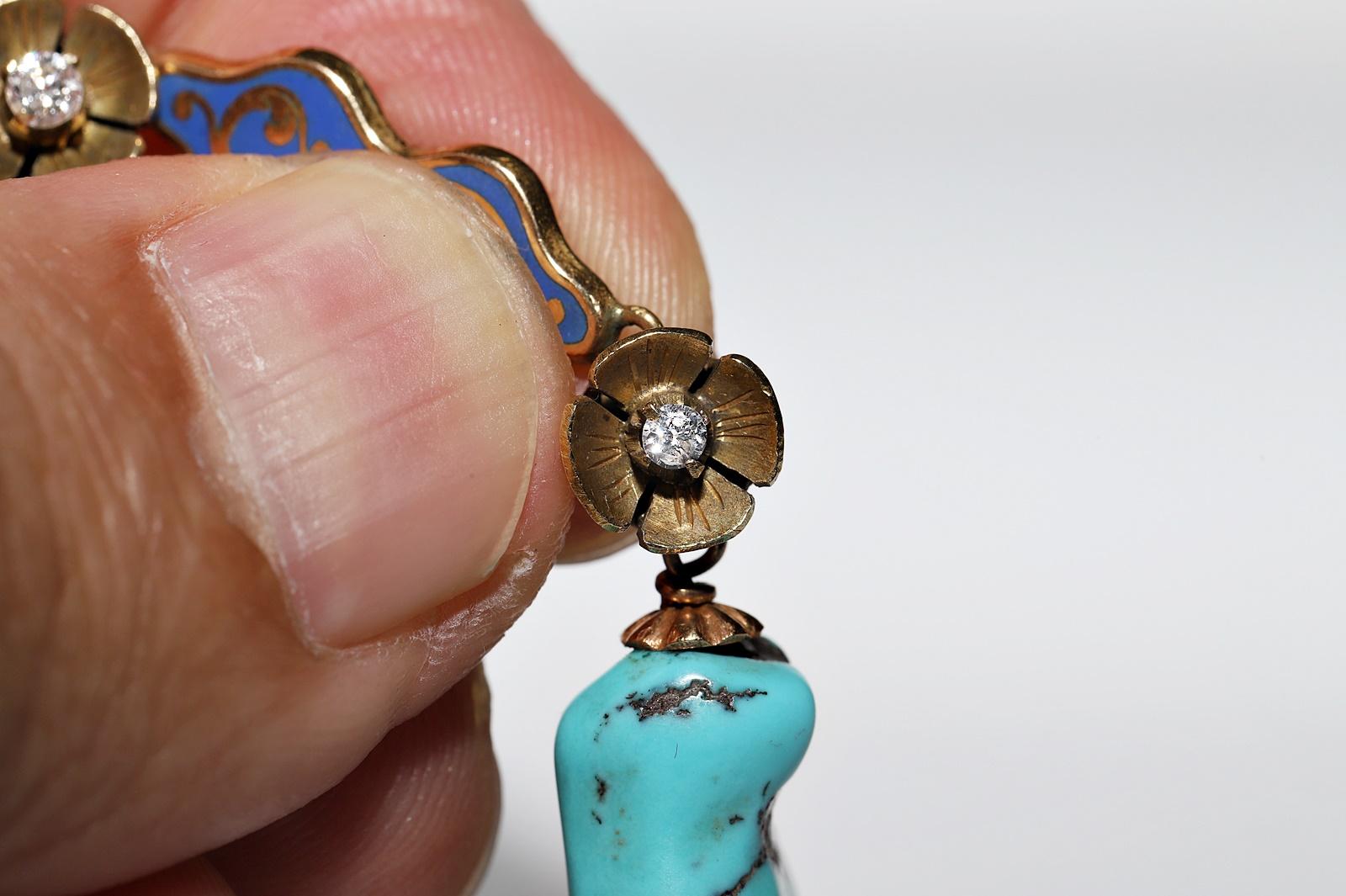 Boucle d'oreille ancienne en or 18k avec diamant naturel, turquoise et émail en vente 9