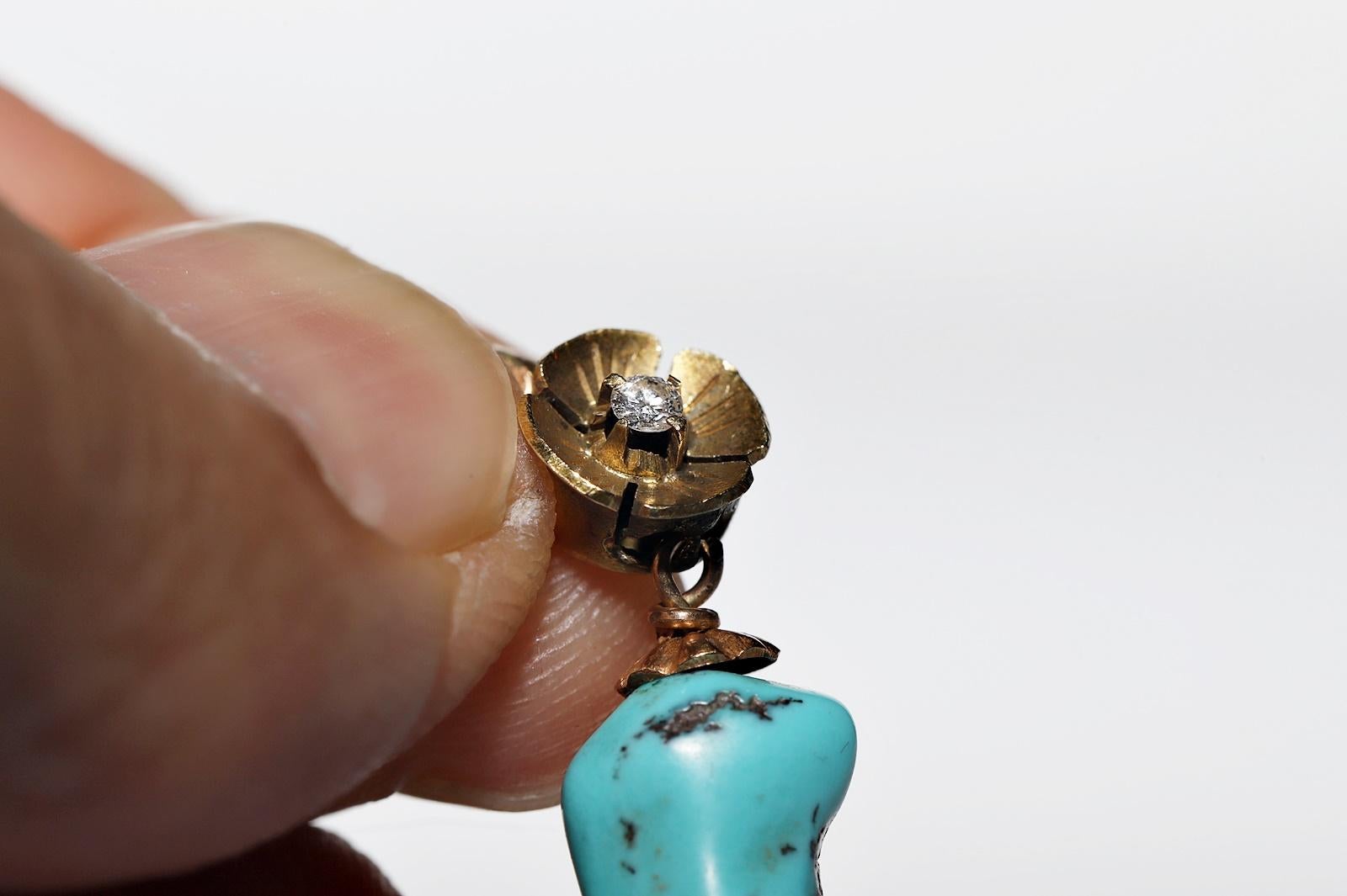 Boucle d'oreille ancienne en or 18k avec diamant naturel, turquoise et émail en vente 10