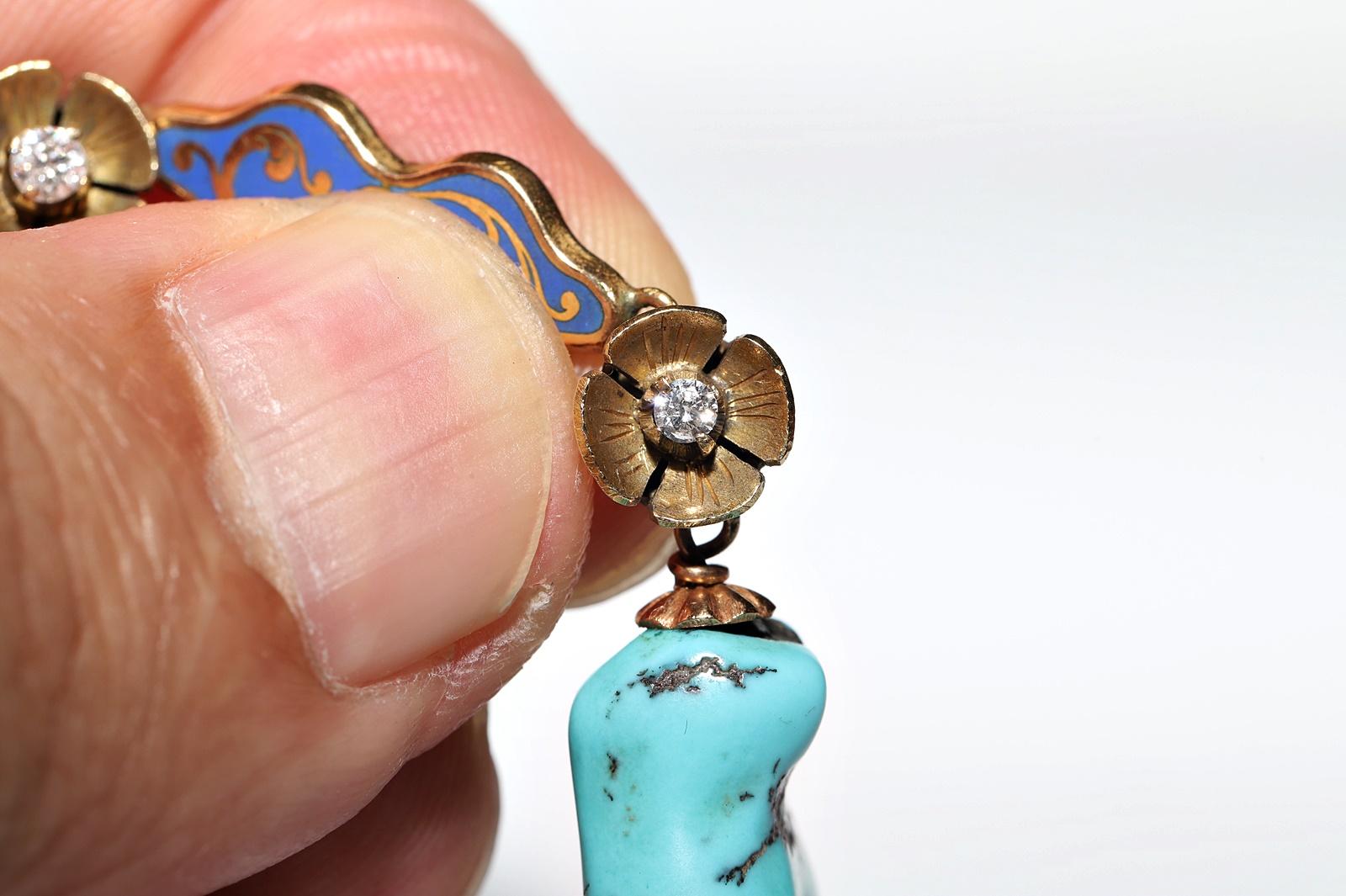 Boucle d'oreille ancienne en or 18k avec diamant naturel, turquoise et émail en vente 11