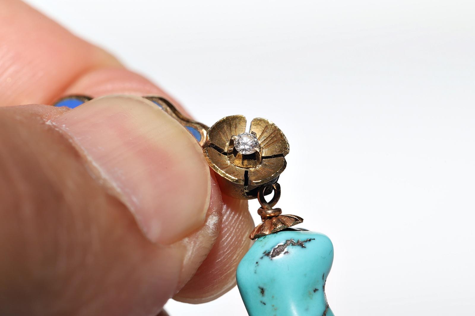 Boucle d'oreille ancienne en or 18k avec diamant naturel, turquoise et émail en vente 12