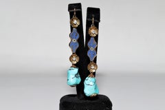 Antique Old Original 18k Gold Natural Diamond And Turquoise And Enamel Earring